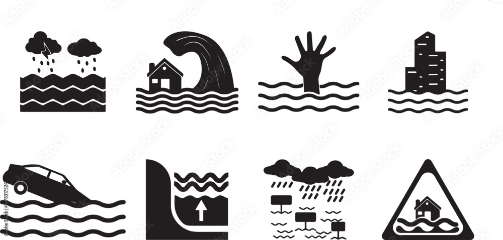 Fototapeta premium Flood disaster icon set with rain, wave, drowning hand, city, car, dam, and warning sign black vector illustration collection