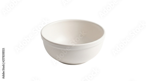 Empty white ceramic bowl isolated on a bright white background