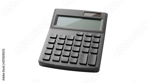 Modern black office calculator isolated against a clean white background studio