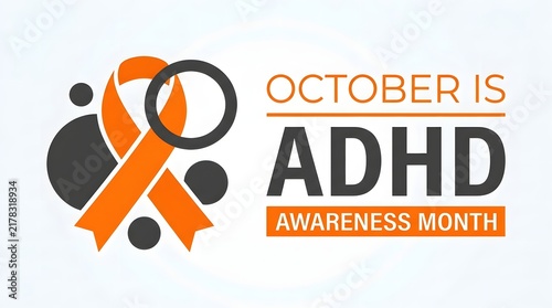October is attention deficit hyperactivity disorder awareness month illustration featuring an orange ribbon and an abstract brain design on a light backdrop