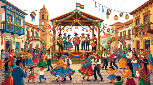 Vibrant traditional Bolivian folk festival with dancers and musicians on stage.