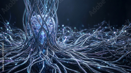 Obraz na płótnie Synaptic matrix technology, brain inspired metallic dendrites with luminous optical threads forming a complex cognitive network in dark space