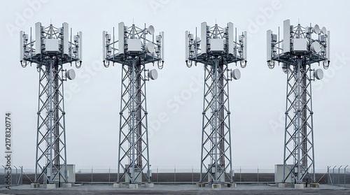 Tapety artystyczne Four telecommunication towers standing in a row against a cloudy grey sky.