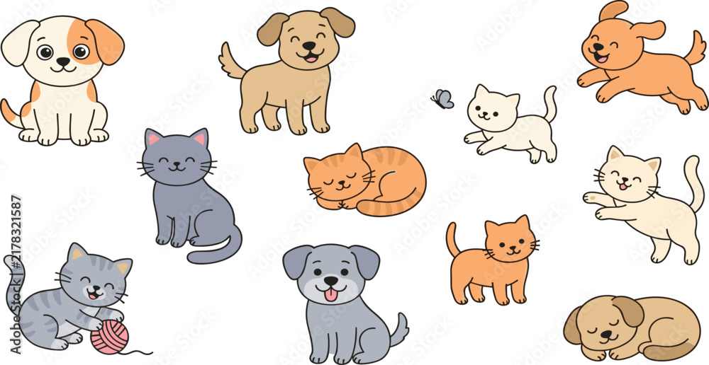 Obraz premium Cute cartoon cats and dogs sticker set with playful puppies and kittens sleeping playing with yarn and chasing butterfly vector illustration