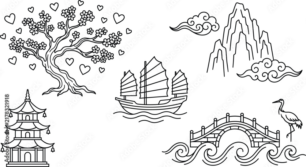 Fototapeta premium Traditional Chinese Landscape Vector Line Art Icon Set with Pagoda Junk Boat Mountain and Cherry Blossom Tree Elements