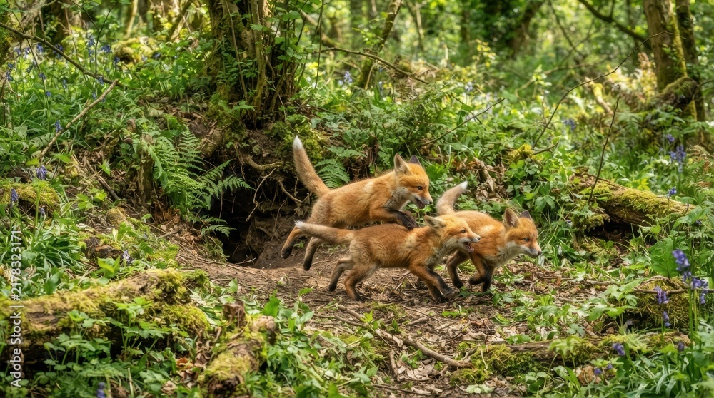 Fototapeta premium Fox family emerges from den in lush woodland, dynamic motion and playful energy evident as young cubs frolic near mother.