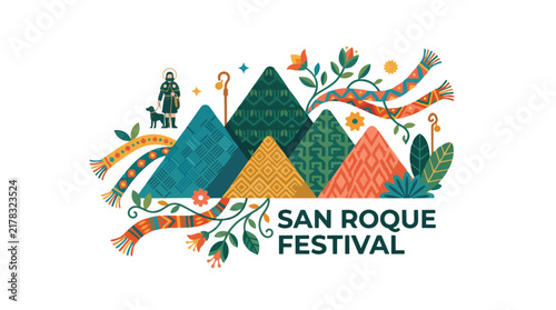 San Roque Festival illustration with patterned mountains and religious iconography.