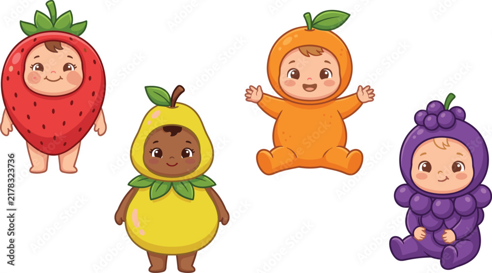 Fototapeta premium Cute multicultural babies wearing fruit costumes including strawberry pear orange and grape vector cartoon characters set isolated on white background