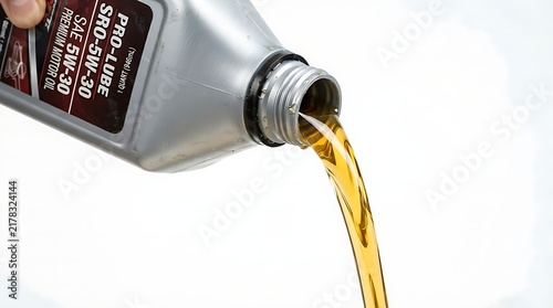 Golden motor oil pouring from a plastic bottle for car engine maintenance and automotive lubrication service
