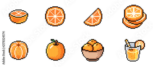 Cute Orange Fruit Variations Pixel Art Collection, Vector Illustration