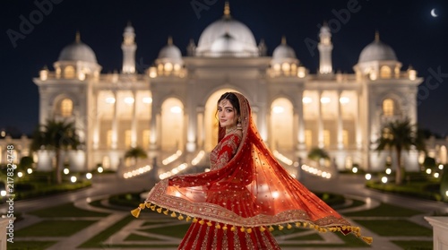 Outdoor Pakistani Bride Portrait with Flowing Red Dupatta at Night