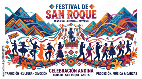 Colorful Andean festival illustration with people dancing and religious procession.