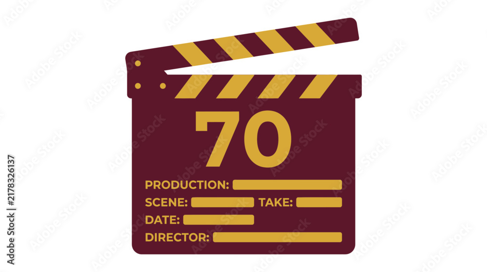 Fototapeta premium Flat vector illustration of film clapperboard with number seventy