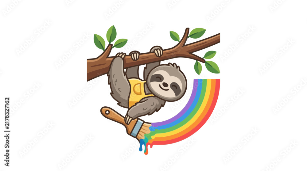 Obraz premium Cute sloth on tree branch painting a vibrant rainbow