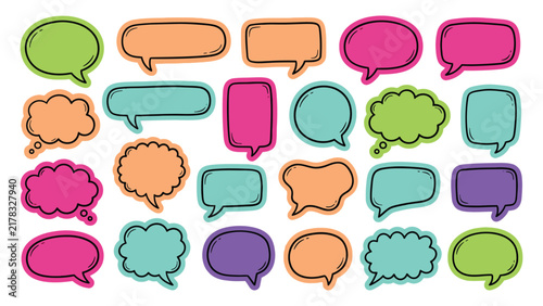 Colorful hand drawn speech bubble collection with assorted comic dialogue shapes, chat icons and playful communication symbols isolated on white background