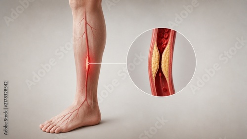 3D Medical Illustration of Peripheral Artery Disease in the Human Leg Showing Plaque Buildup and Restricted Blood Flow