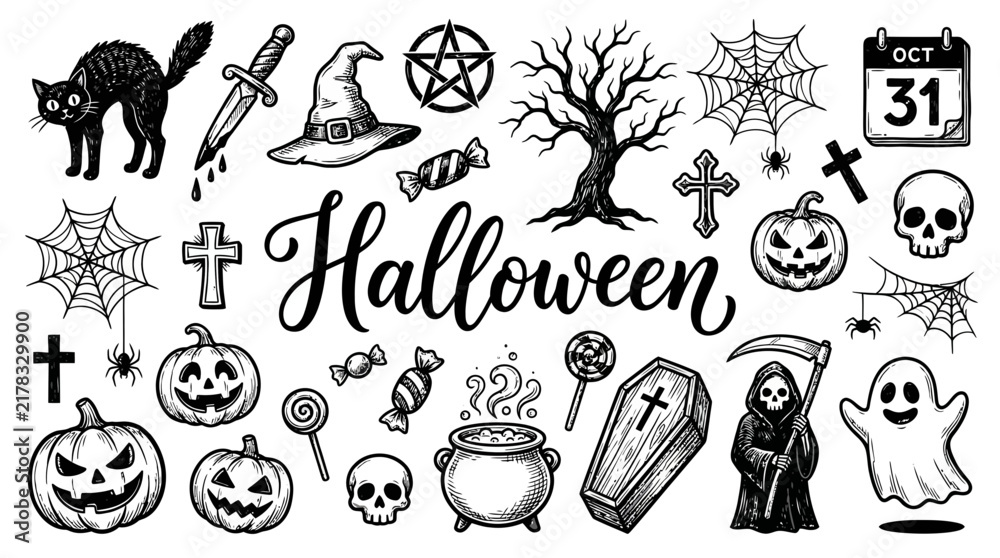 Fototapeta premium Halloween holiday doodle set featuring black cat pumpkin skull ghost witch hat cauldron and spider web hand drawn icons