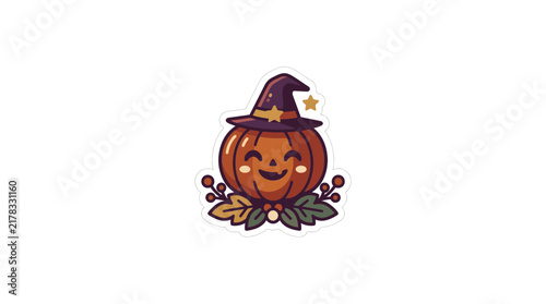 Friendly pumpkin character wearing a purple witch hat sticker.