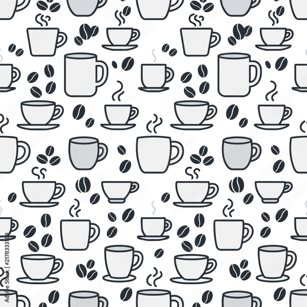 Obraz premium A seamless pattern features coffee cups, mugs, and scattered coffee beans. The design creates a repetitive texture suitable for backgrounds.