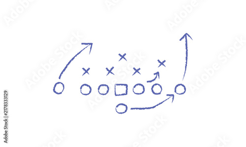 A hand drawn sketch of an American football play strategy diagram on a white background