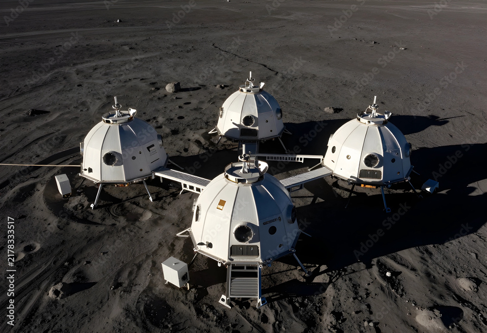 Obraz premium Space colonization and lunar base, futuristic habitat modules on a desolate alien planet surface for extraterrestrial exploration and scientific research