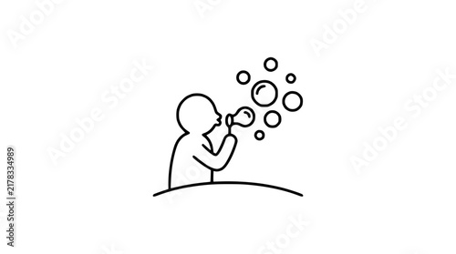 Minimalist Line Art Vector Illustration of a Child Blowing Soap Bubbles