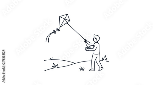 Minimalist Line Art Illustration of a Young Boy Flying a Kite in a Field