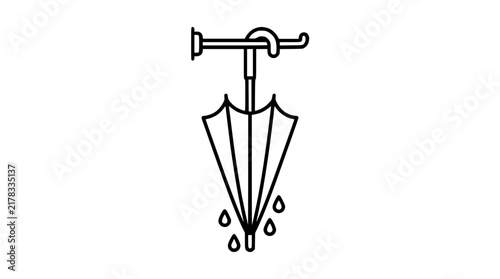 Minimalist line art illustration of a wet umbrella hanging on a wall hook