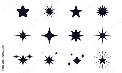 Glowing light effect collection. Black sparkle icon set. A vector set of black design elements. Shiny flash. Sparkling starlight. Bright firework, twinkle. Eps vector illustration. 
