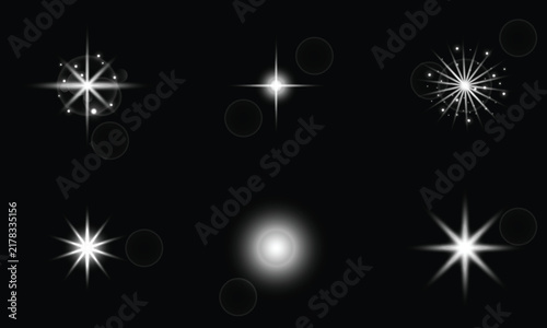 Glow isolated on a black background. Starlight-effect set design: lens flare, explosion, line, sun flash, glitter, sparks, and stars. Eps vector illustration file 10. 