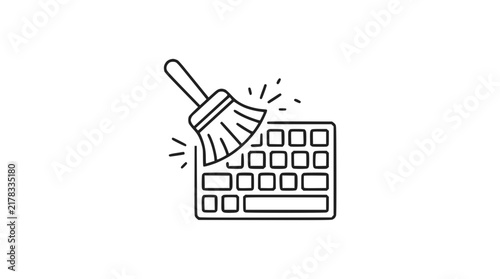 Minimalist Line Art Illustration of Broom Sweeping Computer Keyboard for Digital Cleaning Concept