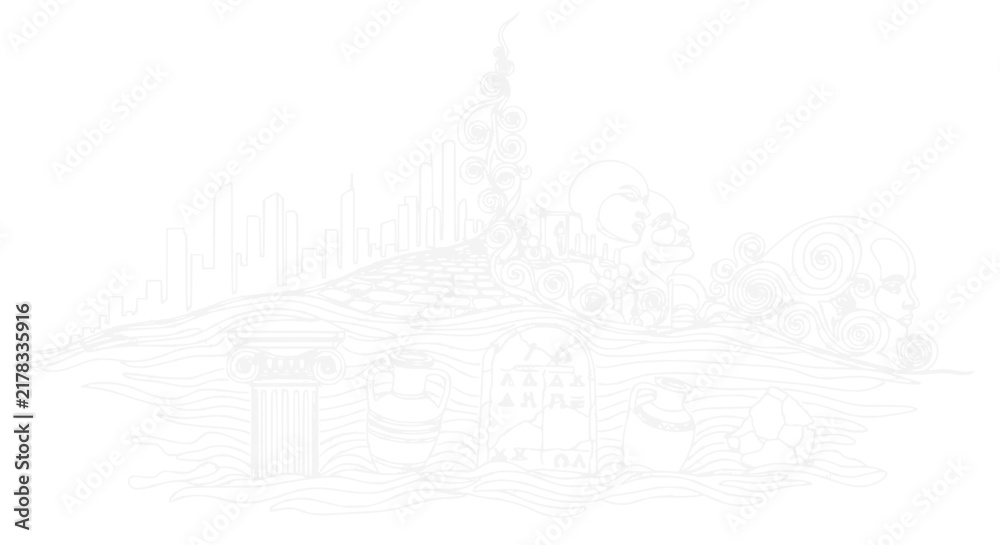 Fototapeta premium Surreal Cityscape with Skulls, Faces, and Ancient Ruins