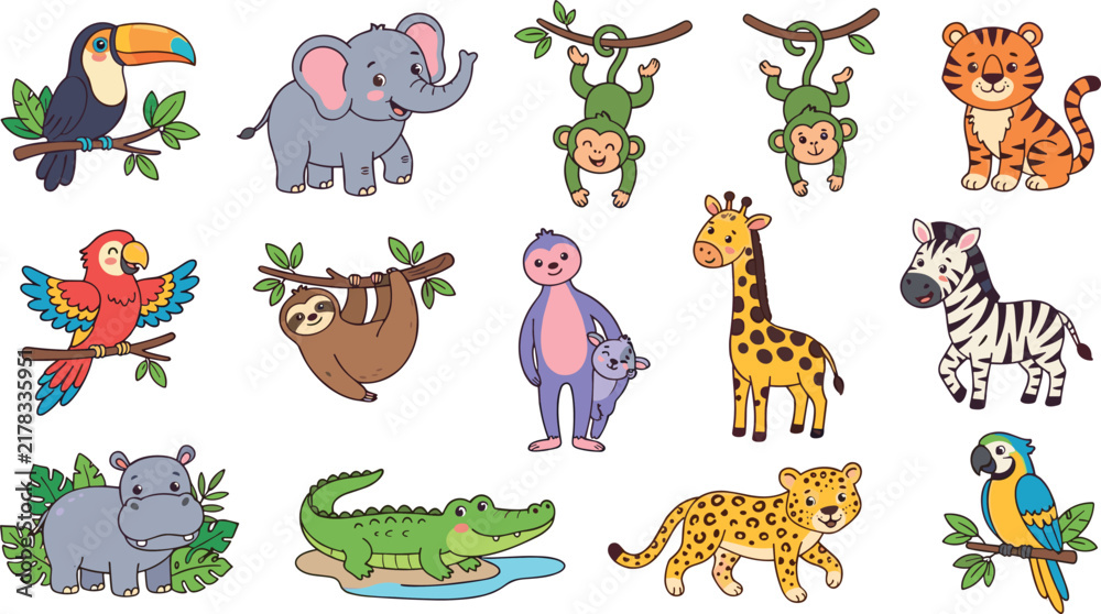 Fototapeta premium Cute Jungle and Safari Wild Animal Vector Character Set with Funny Cartoon Elephant Tiger Monkey Sloth Giraffe and Birds for Kids Nursery Designs