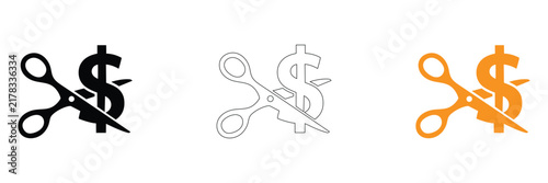 Scissors cutting dollar sign vector icon set in black outline and orange style for cost reduction price cut discount sales budget decrease financial crisis graphic clipart isolated on white