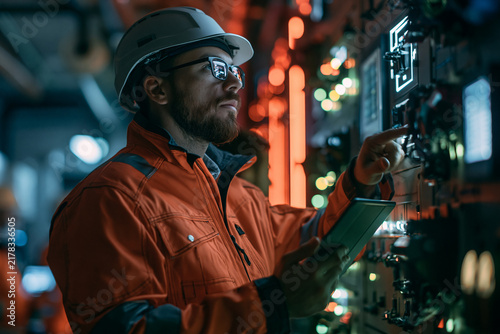 Engineer inspection electrical control panel industrial safety helmet orange uniform Professional engineer inspecting electrical control panel industrial facility wearing safety helmet and orange