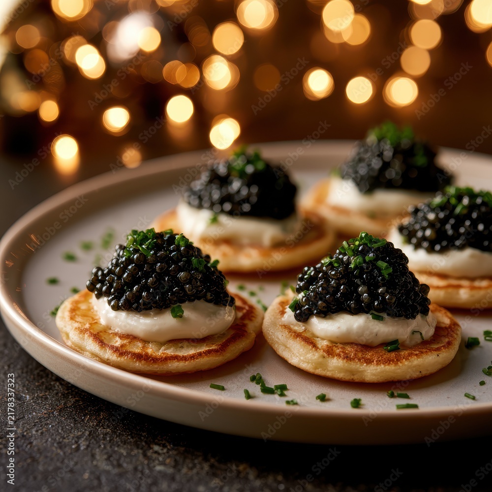 Obraz premium Modern plate of luxurious caviar with blinis, crÃ¨me fraÃ®che, and chives. Intense warm festive lights background.