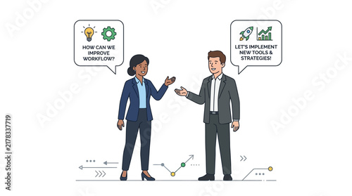 Corporate team discussion about efficiency strategies and innovative tools for business growth and professional development illustration