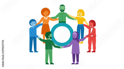 Diverse group of people holding hands in a circle symbolizing teamwork, unity, and community connection