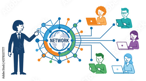 Vector illustration of a businesswoman interacting with a global network hub connecting diverse remote workers with digital devices