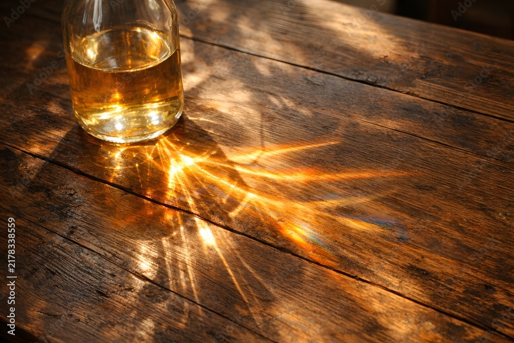 Obraz premium Sunlight refracts through glass bottle onto rustic wooden table creating rainbow patterns