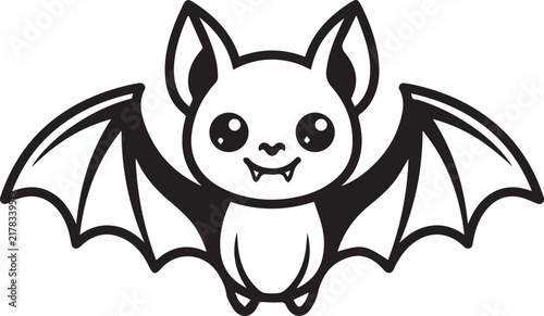 Happy flying bat with cute face and spread wings line art outline vector illustration isolated