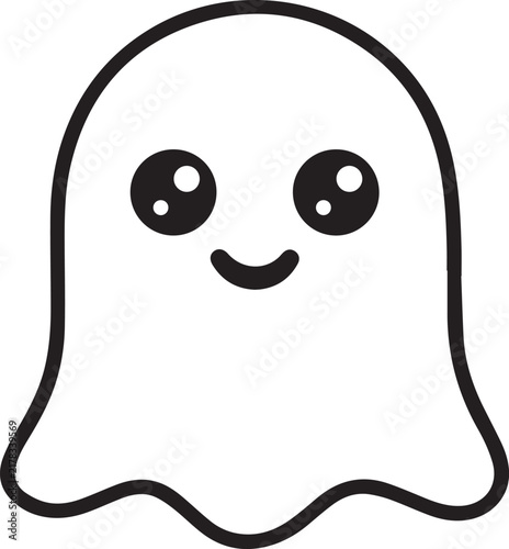 Cute smiling floating ghost character with big eyes line art outline vector illustration isolated