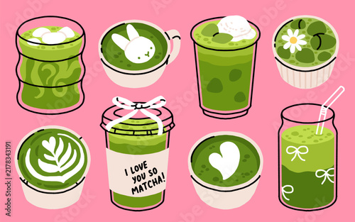 Matcha drinks with latte art, iced matcha, bunny foam and love pun cup for cafe drink design. Flat cartoon hand drawn vector illustration.