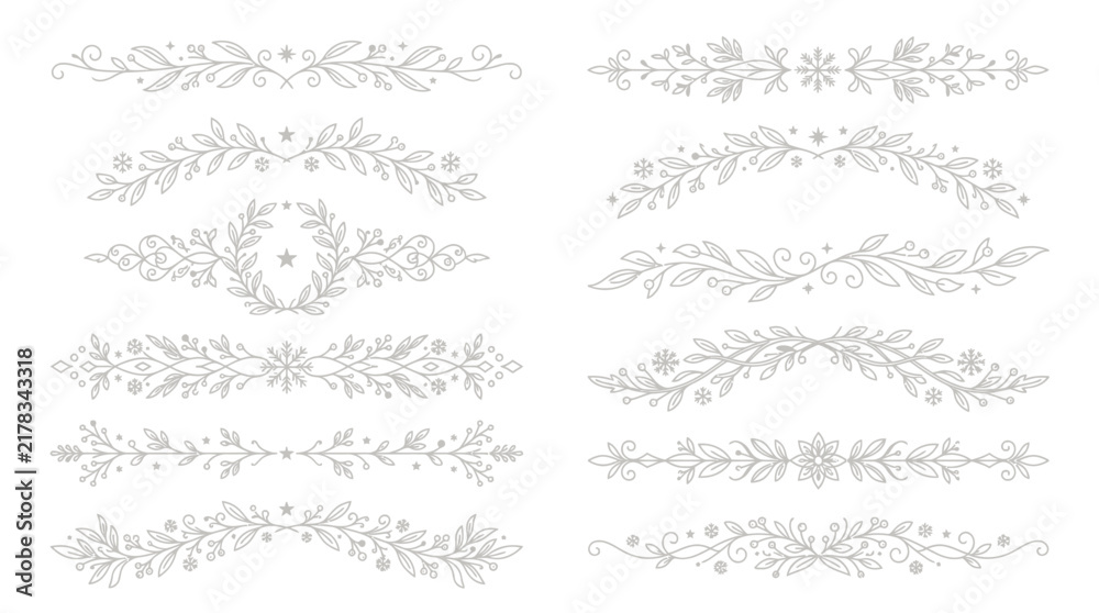 Fototapeta premium Decorative floral border designs with leaves and stars in light gray line