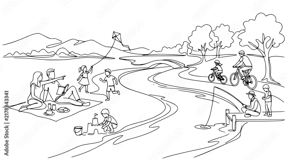 Fototapeta premium Family Fun Outdoor Activities, Picnic, Cycling, Fishing, Kite Flying, Line Art