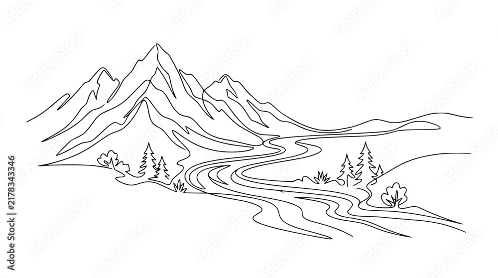 Fototapeta premium Minimalist mountain range with winding river and trees, continuous line art