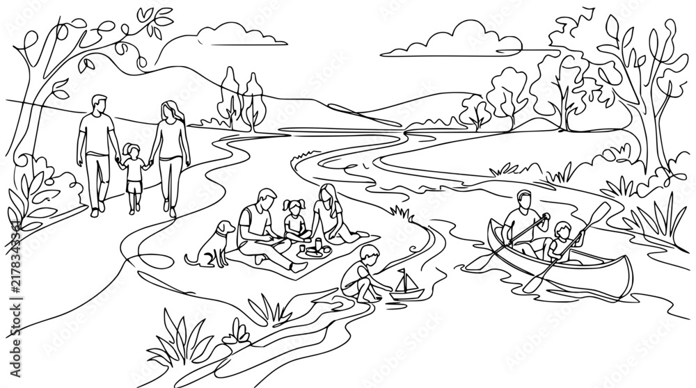 Fototapeta premium Family Outdoor Recreation: Picnic, Kayaking, Walking by River Landscape