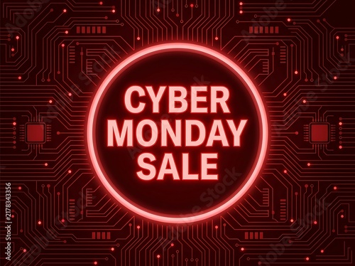 Cyber monday sale neon sign on abstract red circuit board background 