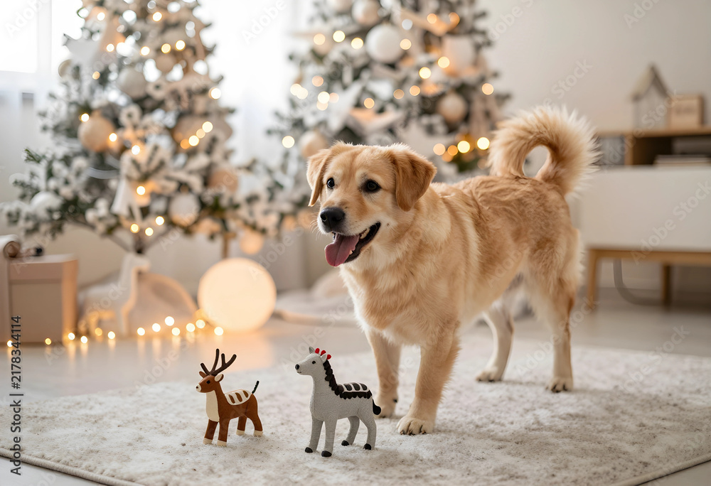 Fototapeta premium Christmas pet joy, happy golden retriever dog playing with toy reindeer and zebra in cozy living room with glowing holiday tree and festive lights