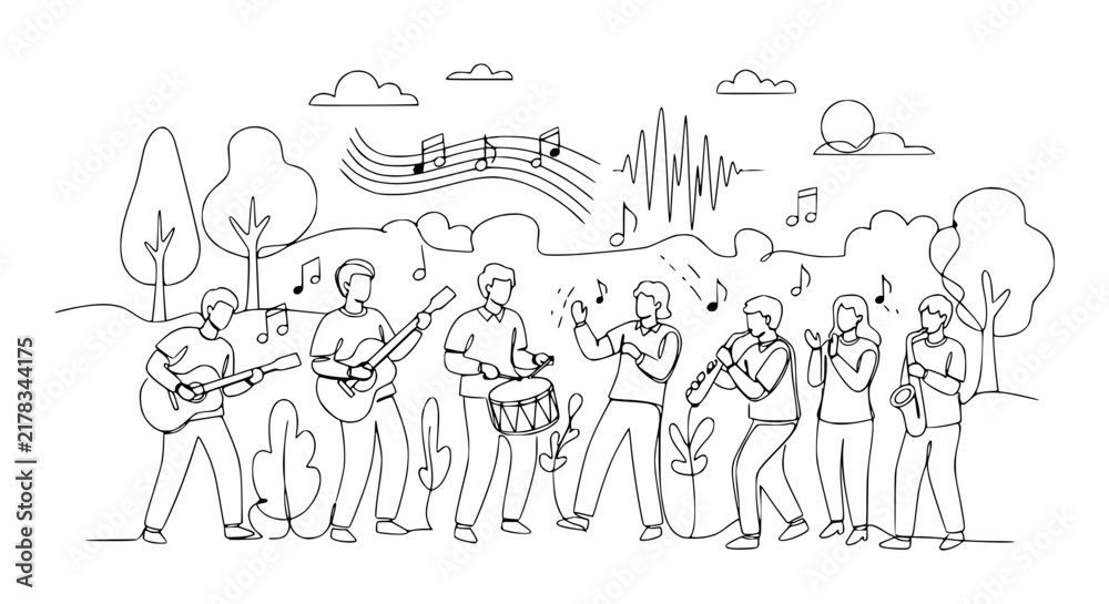 Fototapeta premium Outdoor Band Playing Music: Diverse Musicians Performing Together